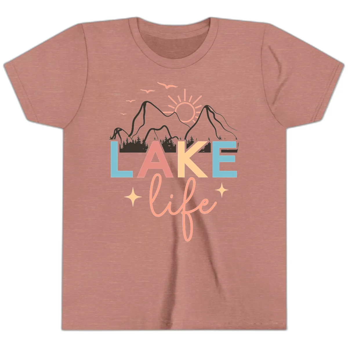 Mountain Lake Life Typography Youth T-Shirt in Heather Mauve